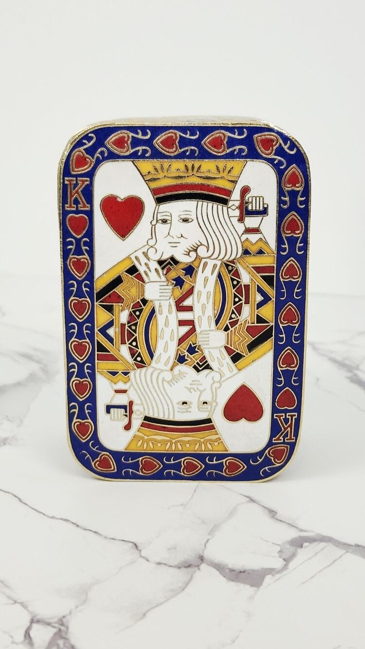 Vintage Cloisonne Enamel Brass King of Hearts Playing Card Trinket Box Lid